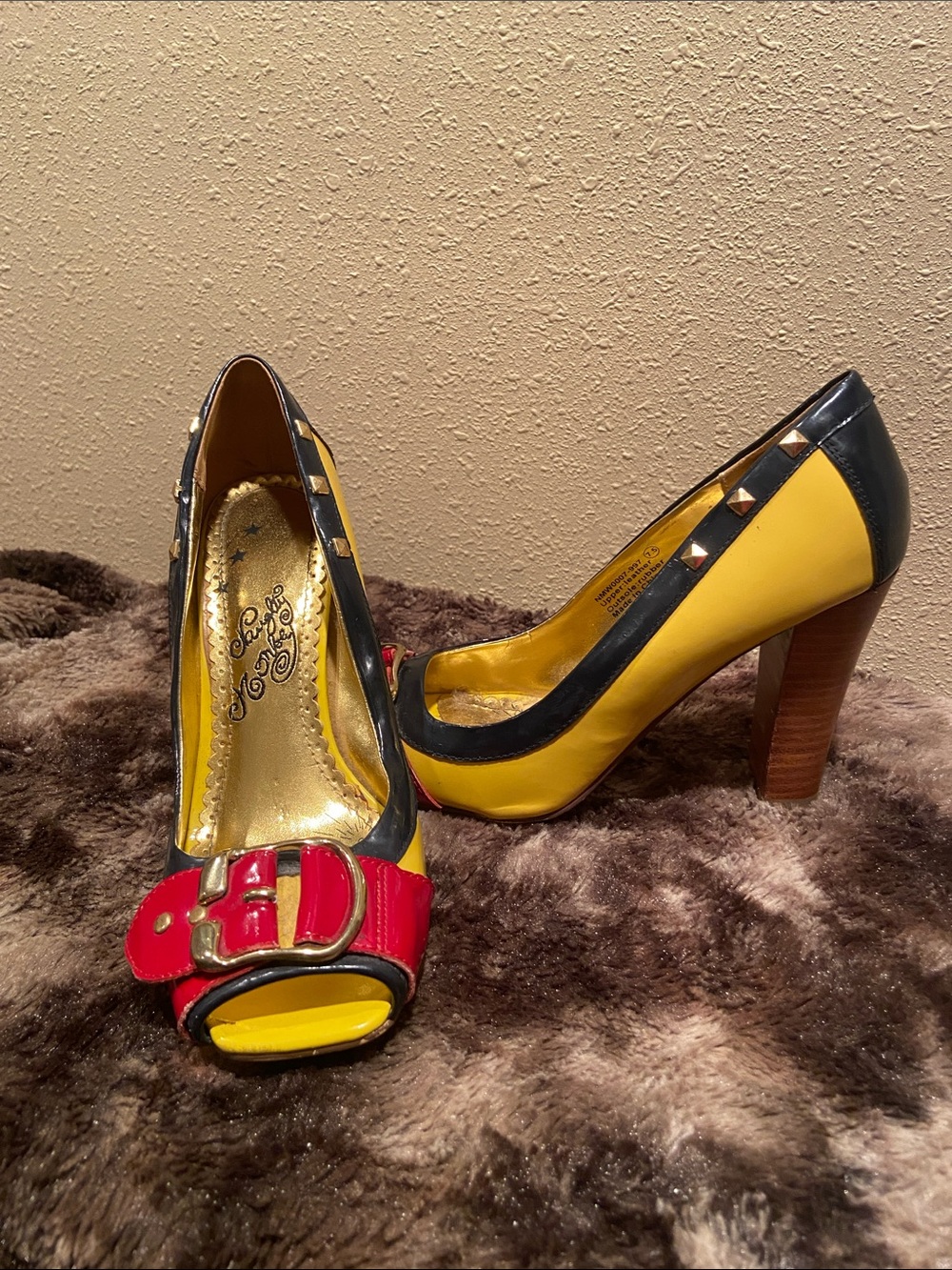 naughty monkey Yellow, Red and Black Peep-Toe Heels with Stud Accents